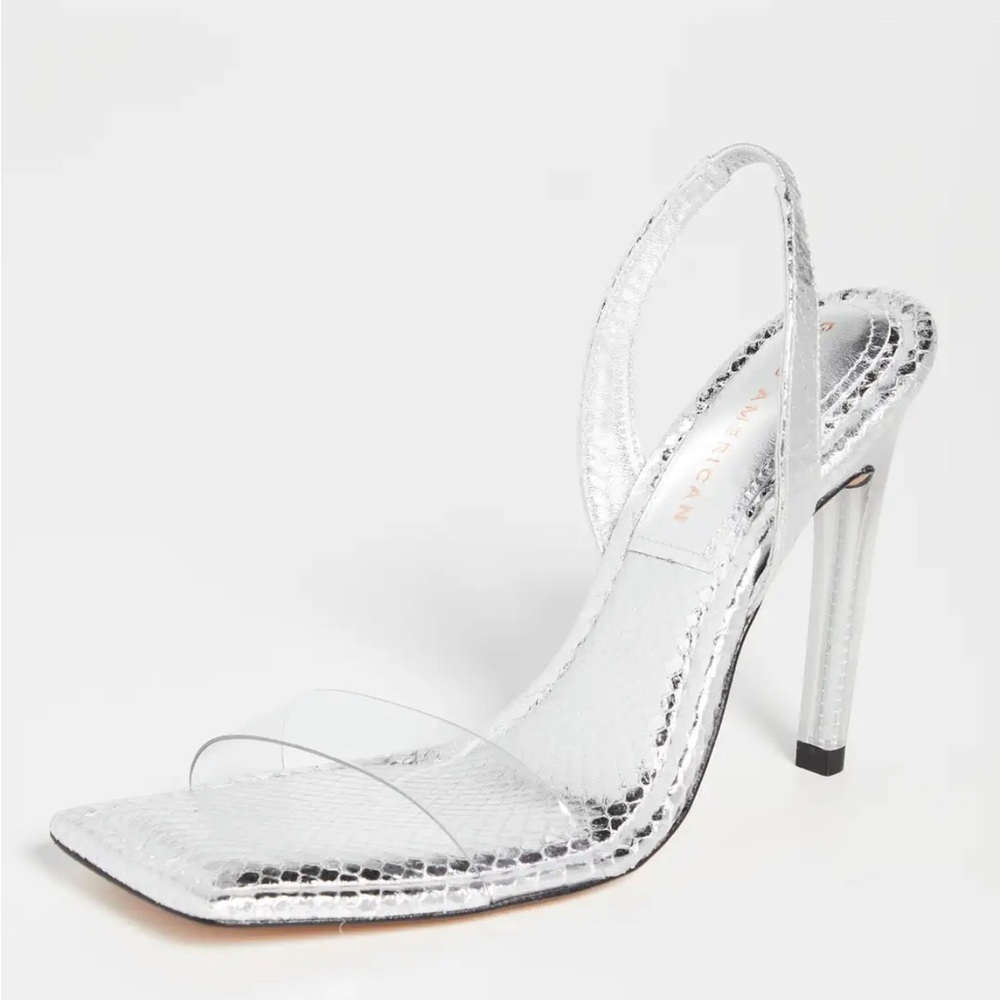GOOD AMERICAN Snake Lucite® Sandal In Silver - Size 8.5